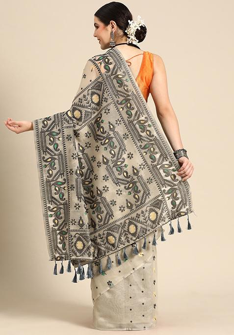 Black Printed Jamdani Cotton Saree Set