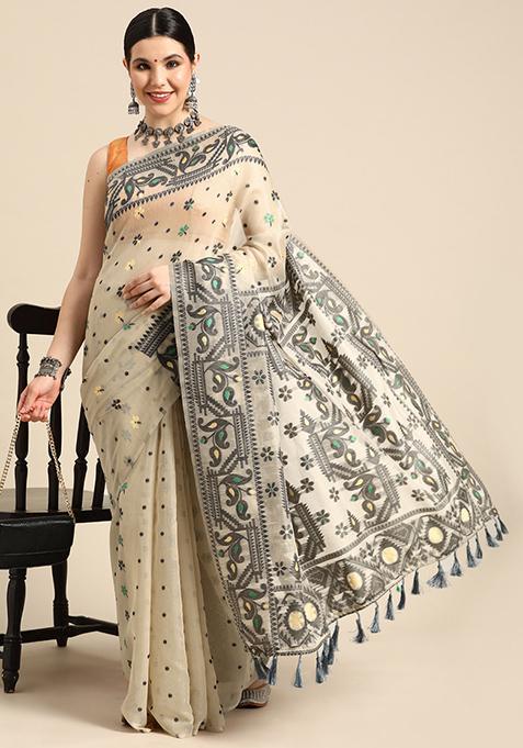 Black Printed Jamdani Cotton Saree Set