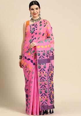Pink Printed Jamdani Cotton Saree Set