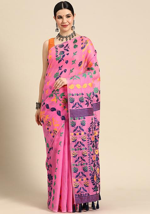 Pink Printed Jamdani Cotton Saree Set