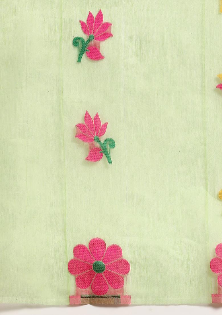 Green Printed Jamdani Cotton Saree Set