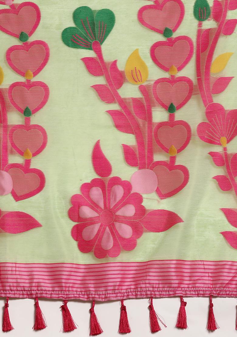 Green Printed Jamdani Cotton Saree Set