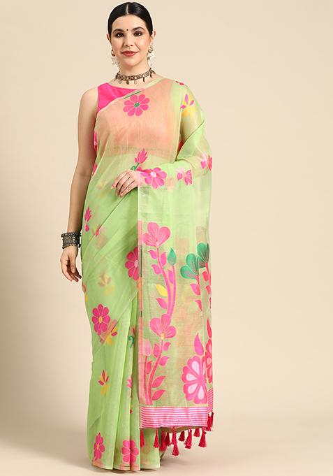 Green Printed Jamdani Cotton Saree Set