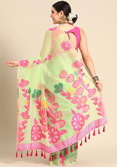 Green Printed Jamdani Cotton Saree Set