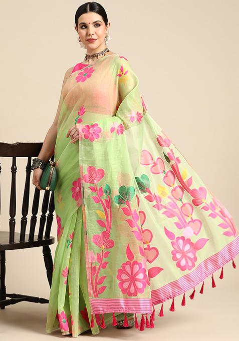 Green Printed Jamdani Cotton Saree Set