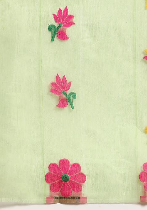 Green Printed Jamdani Cotton Saree Set