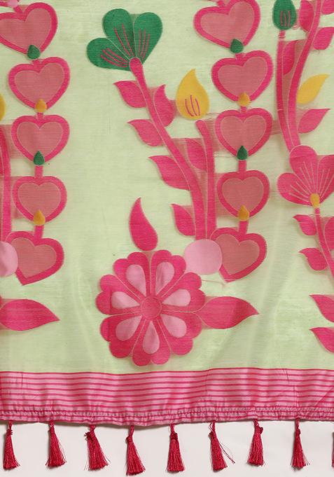 Green Printed Jamdani Cotton Saree Set