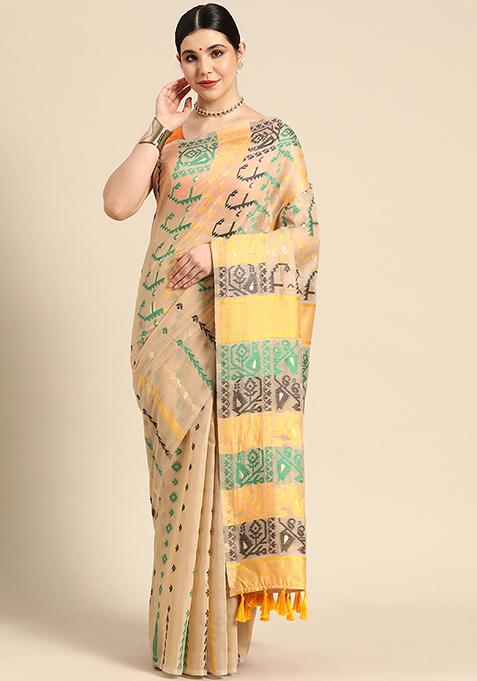 Multicolour Printed Jamdani Cotton Saree Set