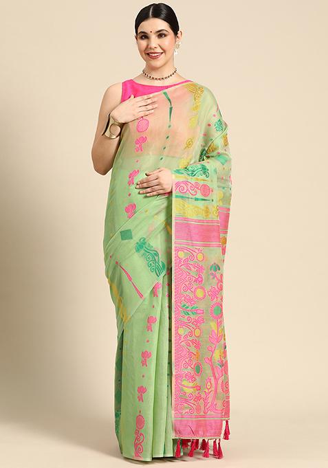 Green Printed Cotton Jamdani Saree Set