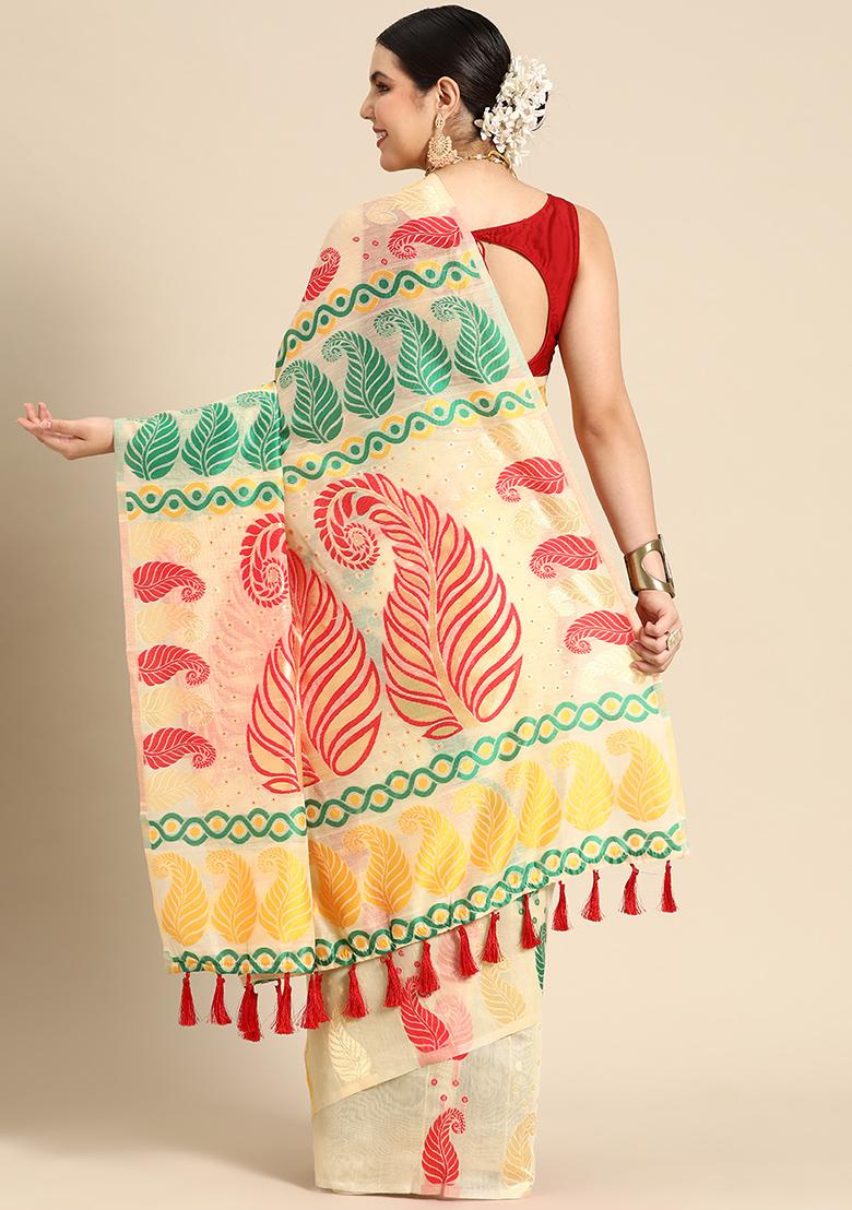 Beige Printed Cotton Jamdani Saree Set