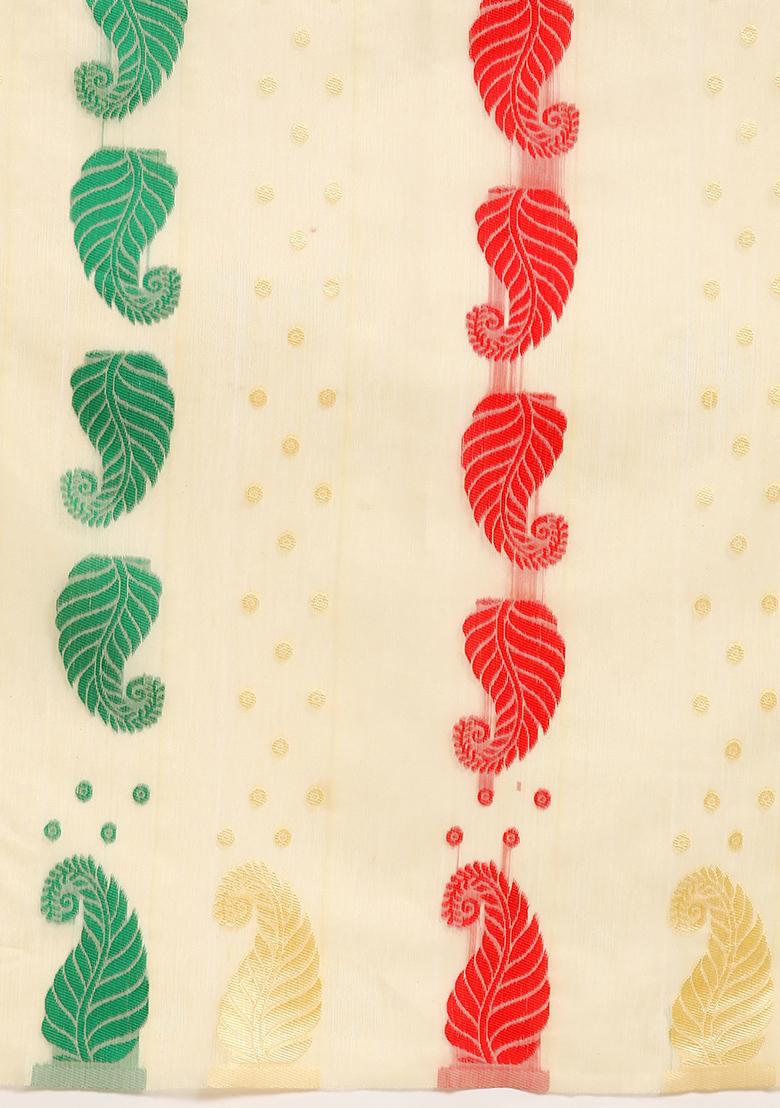 Beige Printed Cotton Jamdani Saree Set