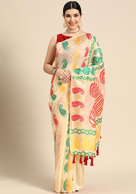 Beige Printed Cotton Jamdani Saree Set