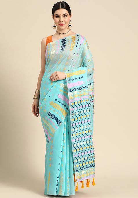 Turquoise Printed Cotton Jamdani Saree Set