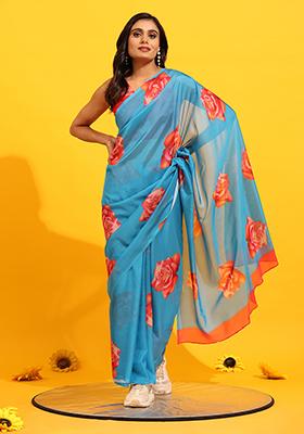 Blue Printed Soft Silk Saree Set