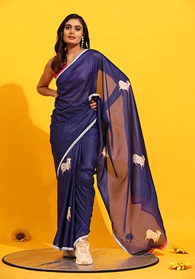 Navy Blue Printed Soft Silk Saree Set