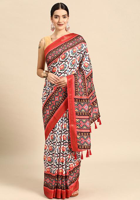 White Ikat Print Soft Silk Saree Set