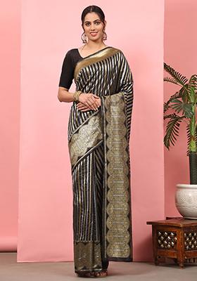 Black Striped Zari Print Art Silk Saree Set