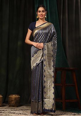 Navy Blue Striped Zari Print Art Silk Saree Set