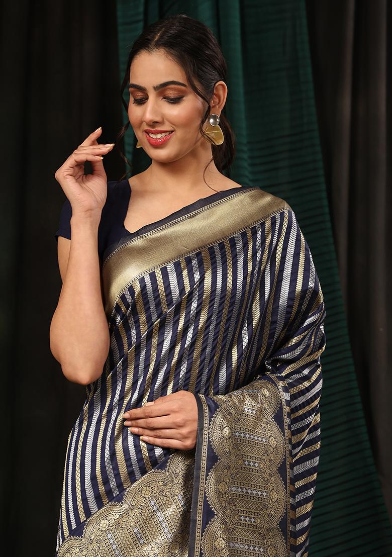 Navy Blue Striped Zari Print Art Silk Saree Set - Indya