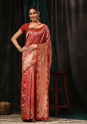 Red Striped Zari Print Art Silk Saree Set