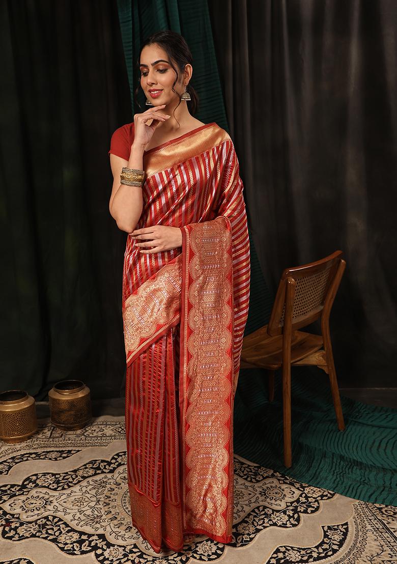 Red Striped Zari Print Art Silk Saree Set