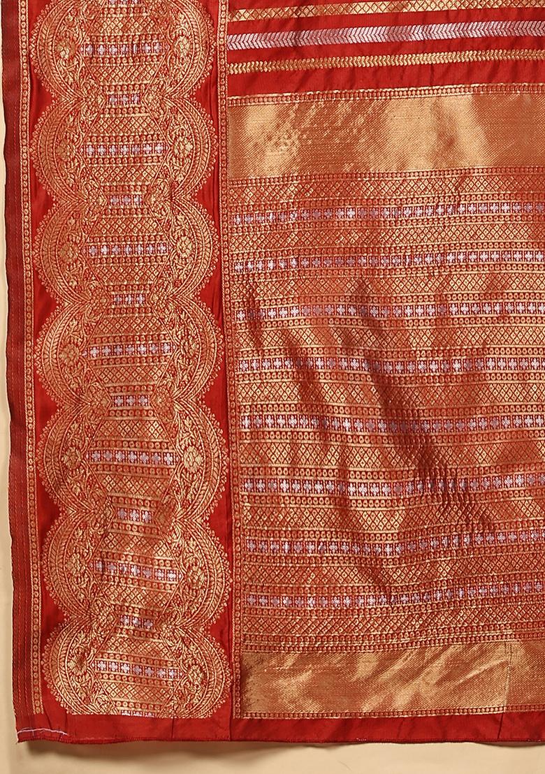 Red Striped Zari Print Art Silk Saree Set