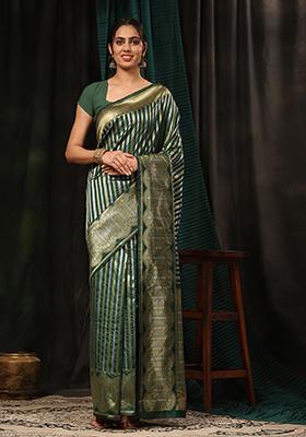 Green Striped Zari Print Art Silk Saree Set