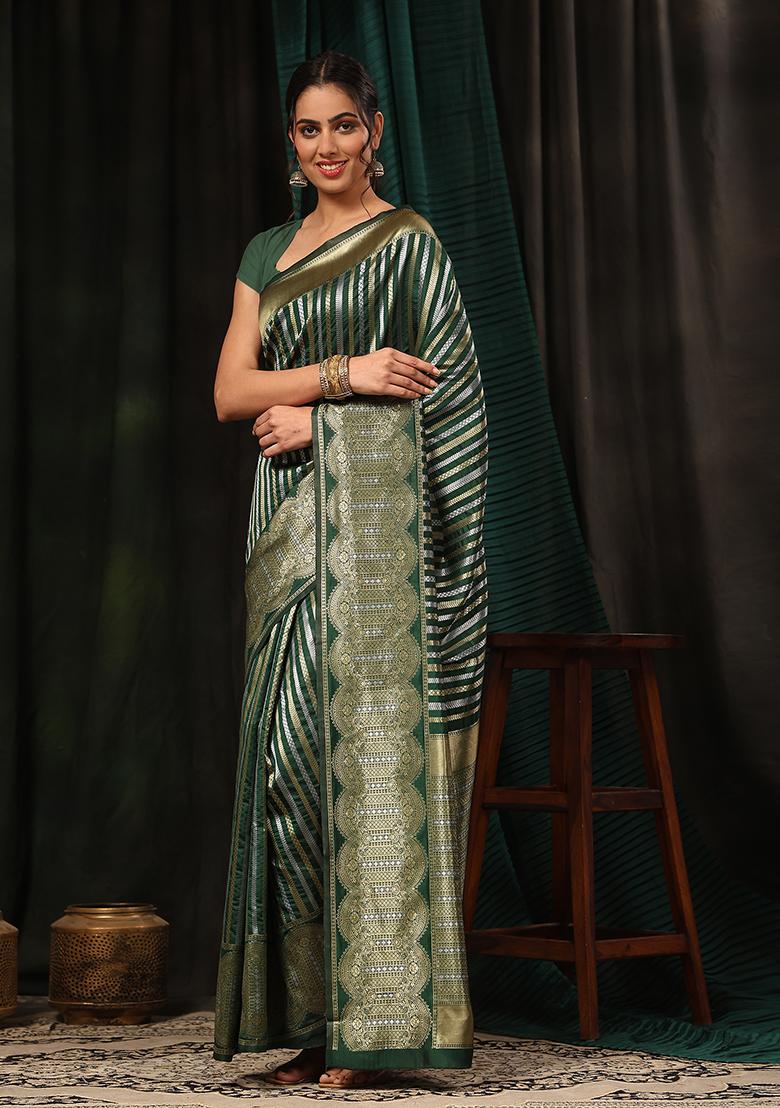 Green Striped Zari Print Art Silk Saree Set