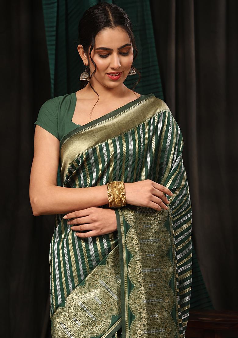Green Striped Zari Print Art Silk Saree Set - Indya