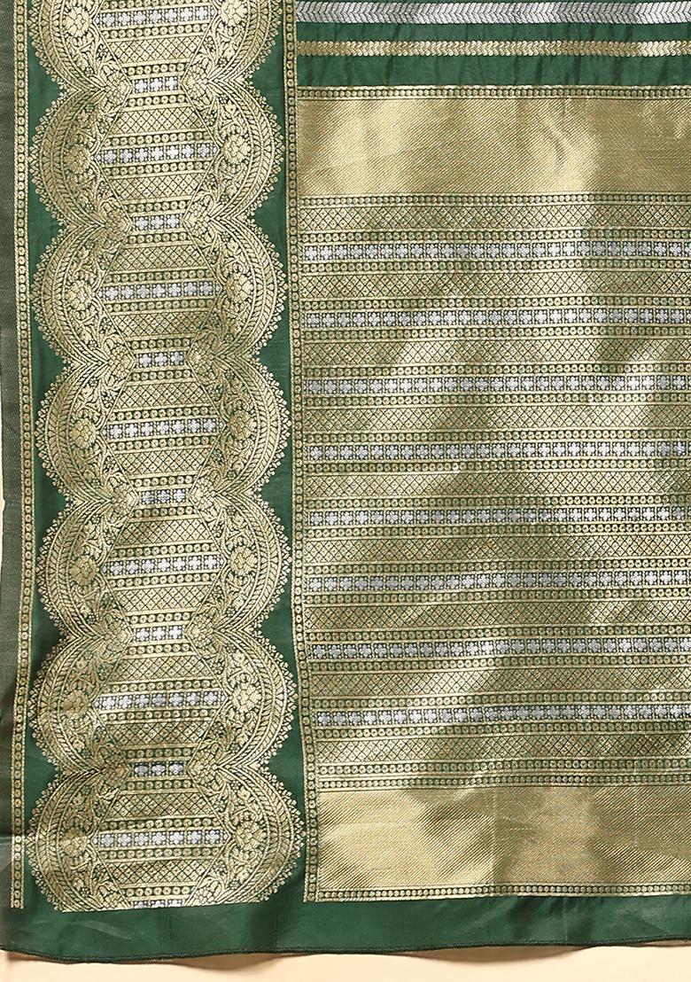 Green Striped Zari Print Art Silk Saree Set