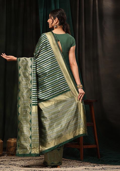 Green Striped Zari Print Art Silk Saree Set