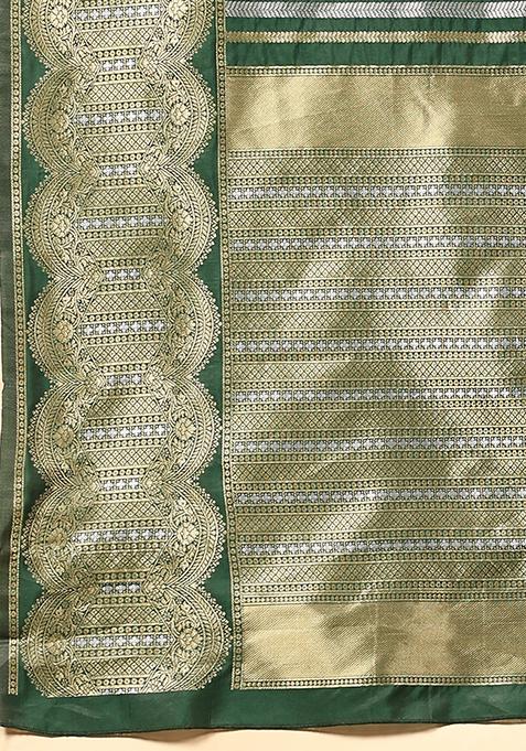 Green Striped Zari Print Art Silk Saree Set