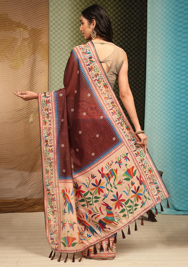 Brown Digital Print Cotton Blend Saree Set - Indya