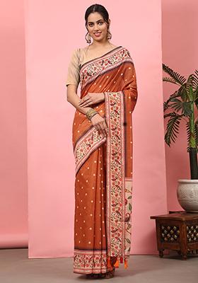 Orange Digital Print Cotton Blend Saree Set