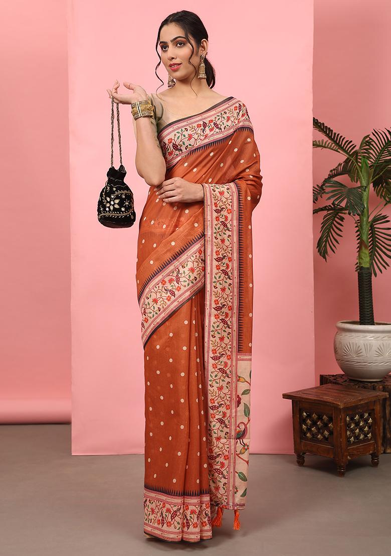 Orange Digital Print Cotton Blend Saree Set - Indya