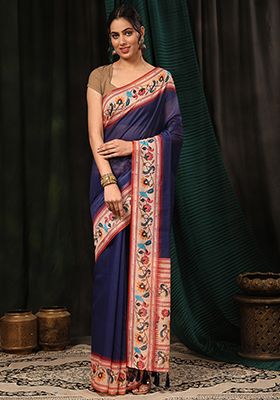 Navy Blue Digital Print Cotton Blend Saree Set