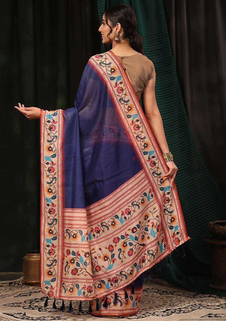 Navy Blue Digital Print Cotton Blend Saree Set - Indya