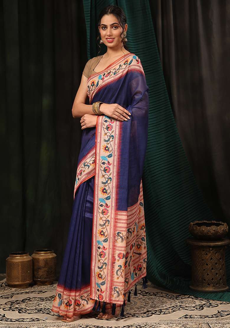 Navy Blue Digital Print Cotton Blend Saree Set - Indya