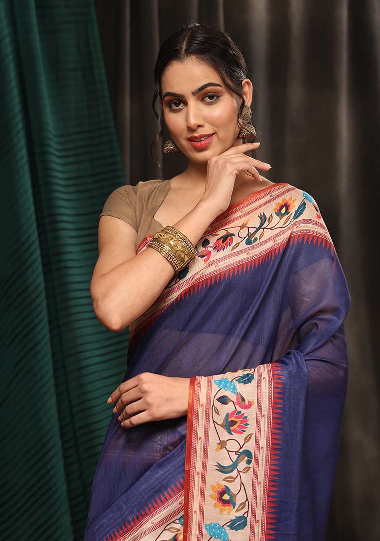 Navy Blue Digital Print Cotton Blend Saree Set - Indya