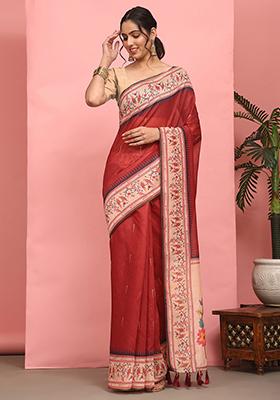 Red Digital Print Cotton Blend Saree Set