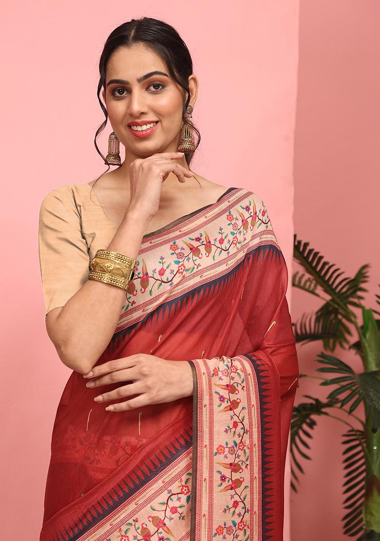Red Digital Print Cotton Blend Saree Set