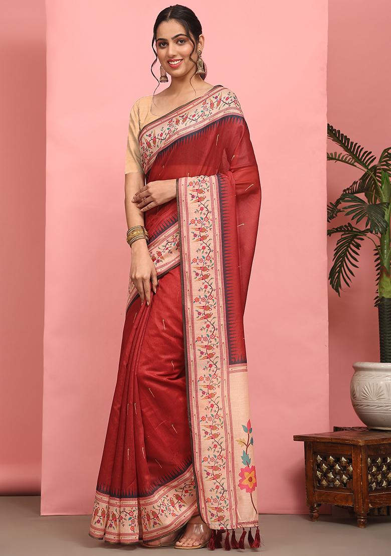 Red Digital Print Cotton Blend Saree Set