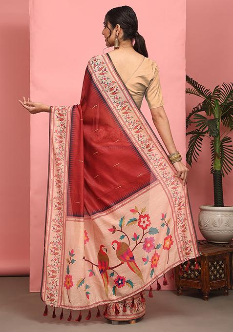 Red Digital Print Cotton Blend Saree Set