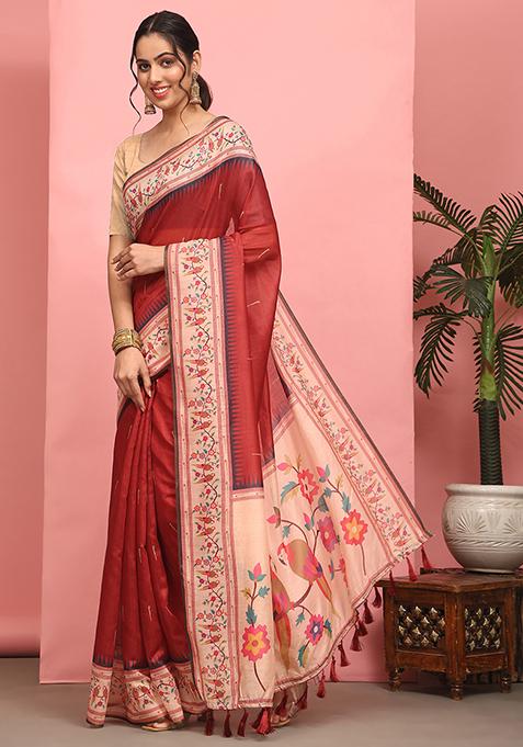 Red Digital Print Cotton Blend Saree Set