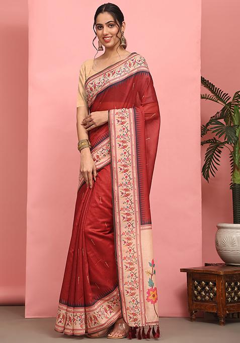 Red Digital Print Cotton Blend Saree Set