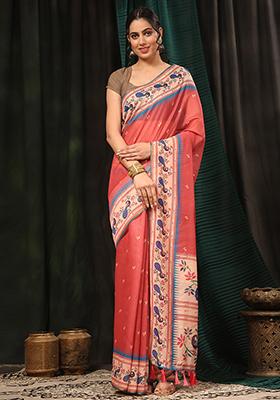 Pink Digital Print Cotton Blend Saree Set