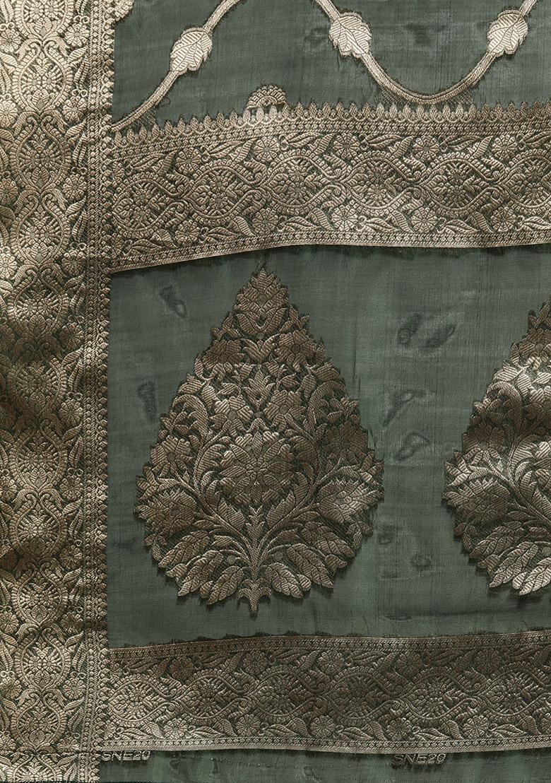 Green Digital Print Organza Silk Saree Set - Indya