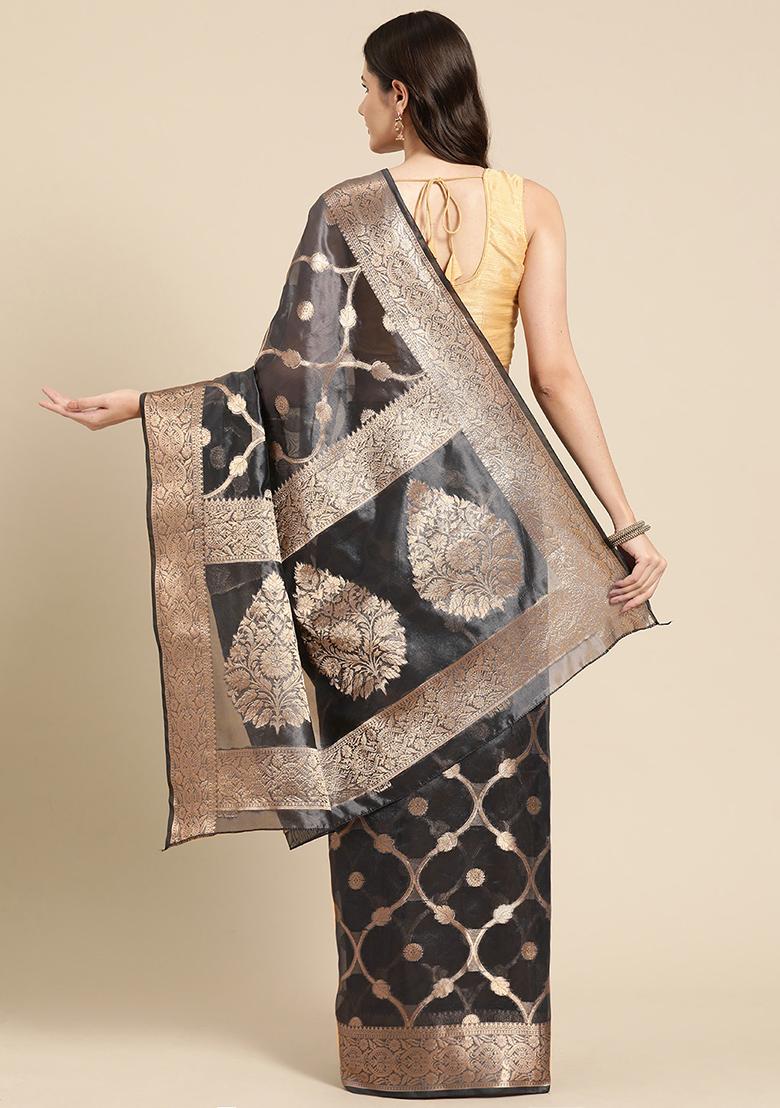 Black Digital Print Organza Silk Saree Set - Indya
