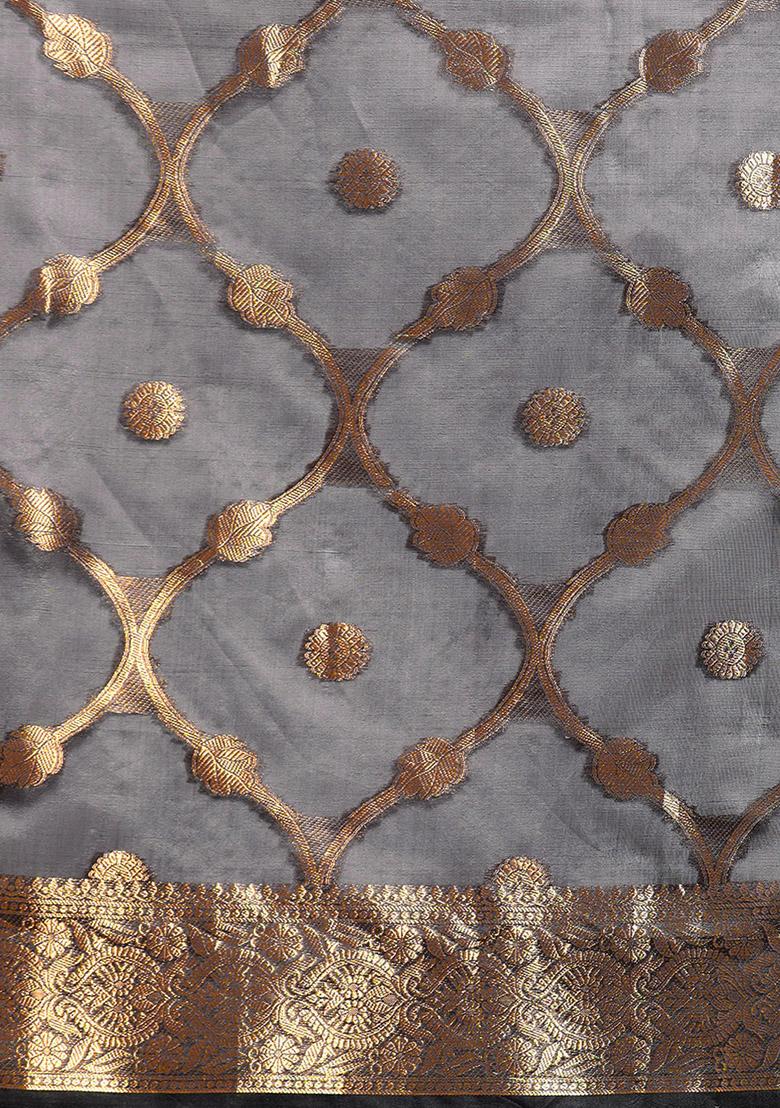 Black Digital Print Organza Silk Saree Set - Indya