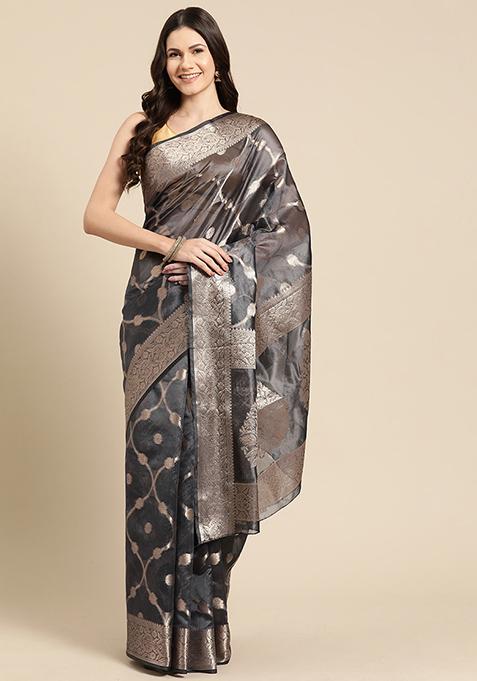 Black Digital Print Organza Silk Saree Set